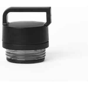 A drink bottle with a solid handle, featuring a black top and clear base, designed for easy carrying.