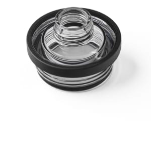 A drink bottle with a solid black handle and a clear glass body, featuring a screw top opening.