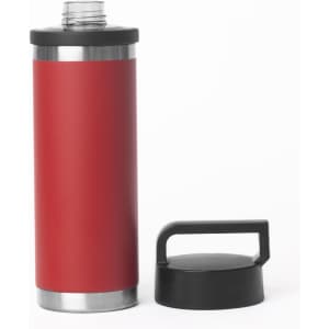 A drink bottle in red with a solid black handle and a stainless steel base. It features a screw-top lid and branding.