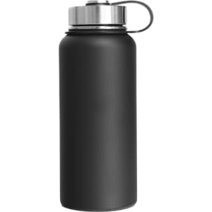A drink bottle made of stainless steel with a matte black finish and a silver lid, featuring a handle.