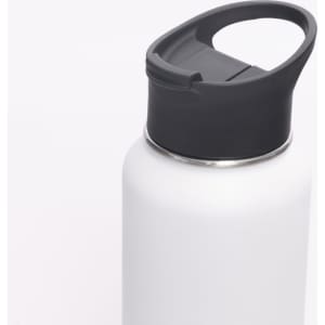 A drink bottle in matte white with a black lid, featuring a logo on the body.