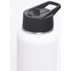 A drink bottle made of white stainless steel with a black double wall and a black lid, featuring a handle.