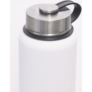 A drink bottle in white stainless steel with a double wall and a metal lid, featuring a black handle.