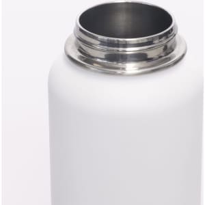 A drink bottle in white stainless steel with a double wall design and a metallic opening, featuring a logo.