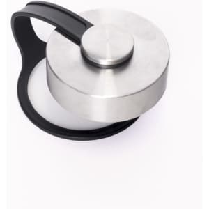A drink bottle lid in stainless steel with a black handle and silicone grip.