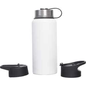 A drink bottle made of white stainless steel with a double wall design and three lids in black.