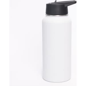 A drink bottle in white stainless steel, featuring a black lid and a logo. Double wall construction for insulation.