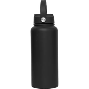 A drink bottle in matte black finish with a handle and a silver accent, featuring a logo on the front.