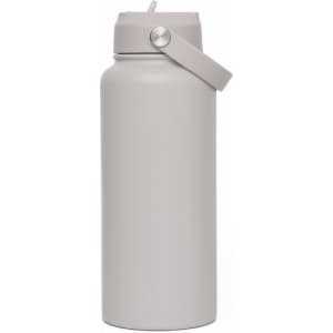 A drink bottle in a neutral grey colour featuring a flip-top lid and a carrying handle. It has a logo on the side.