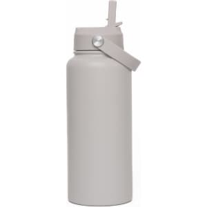 A drink bottle in pale grey, featuring a flip-top lid and a side handle. It has a logo on the body.