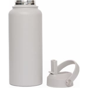 A drink bottle in a light grey colour with a silver lid, featuring a removable grey cap.