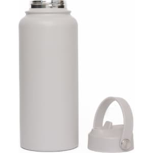 A drink bottle in light grey with a silver lid and a detachable grey cap. The bottle has a simple, modern design.