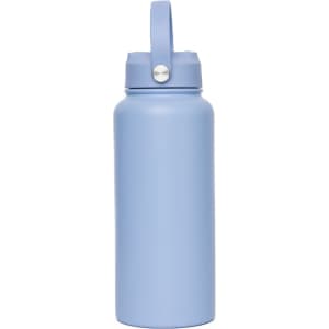 A drink bottle in light blue with a handle and a lid. Features a smooth surface and has a logo.
