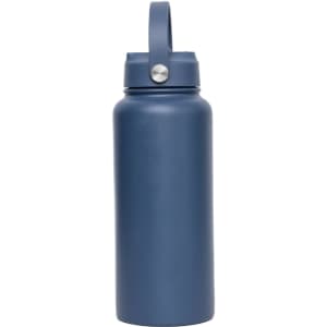 A drink bottle in navy blue, featuring a handle and a silver accent, with a logo on the side.