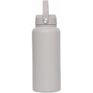 A drink bottle in a light grey colour with a handle and a logo on the side.