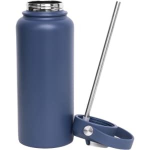 A drink bottle in dark blue with a stainless steel straw and a matching lid. It features a logo.