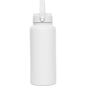 A drink bottle in white with a screw-on lid and a handle, designed for vacuum insulation. Features a logo.