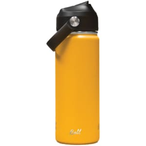 A drink bottle in vibrant yellow with a black carry handle and a logo. Ideal for hydration on the go.