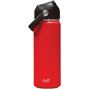 A drink bottle in bright red with a black carry handle and a logo. Features a sleek, modern design.