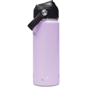 A drink bottle in light purple with a black carry handle and a logo, designed for versatility and portability.