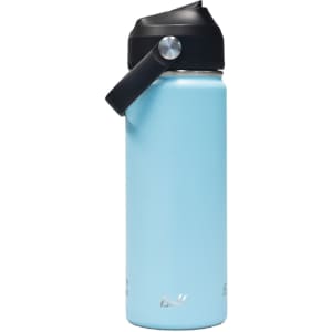 A drink bottle in light blue, featuring a carry handle and a black lid. It has a logo visible on the body.