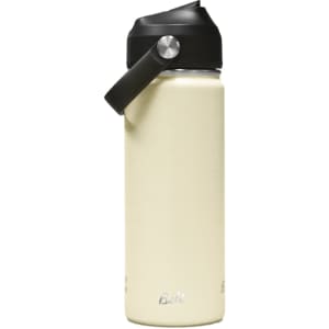 A drink bottle in cream with a black carry handle and a logo. Designed for holding 500ml.
