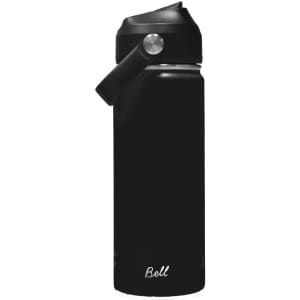A drink bottle in matte black, featuring a carry handle and a silver cap, with a logo on the side.