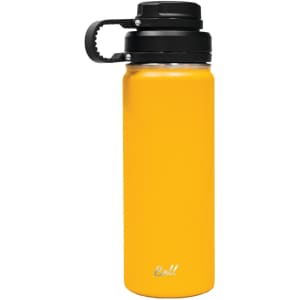 A drink bottle with a vibrant yellow body and a black infuser lid, featuring a logo on the front.