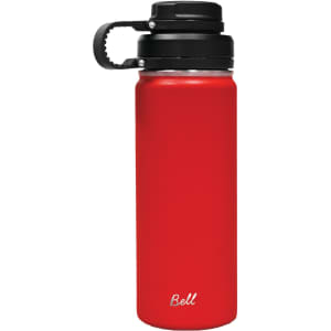 A drink bottle in bright red, featuring a black infuser lid and a logo on the side.