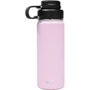 A drink bottle in pink with a black infuser lid and a logo. Ideal for a variety of beverages.