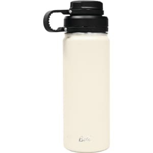 A drink bottle in cream with a black infuser lid, featuring a logo on the front.