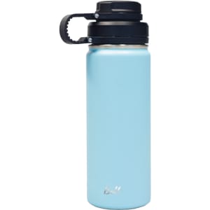 A drink bottle in light blue with a black infuser lid and a logo on the body.