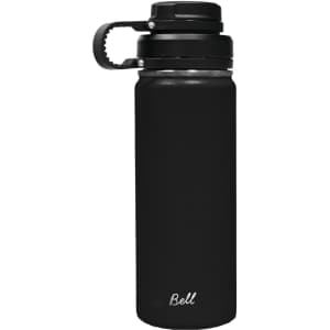 A drink bottle featuring a black finish, an infuser lid, and a logo on the front. Ideal for hydration.
