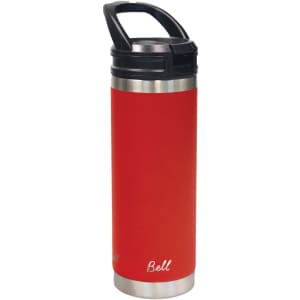 A drink bottle featuring a red exterior with a stainless steel base and a sipper handle. It has a logo.