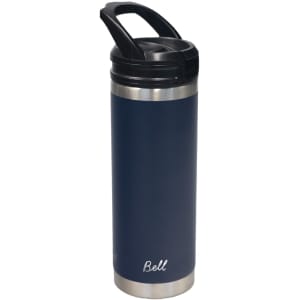 A drink bottle in navy blue with a stainless steel base and a black sipper handle. It features a logo.