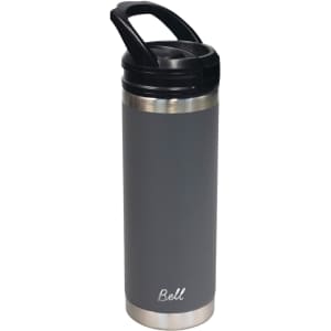 A drink bottle in grey with a stainless steel base and a black sipper handle, featuring a logo.