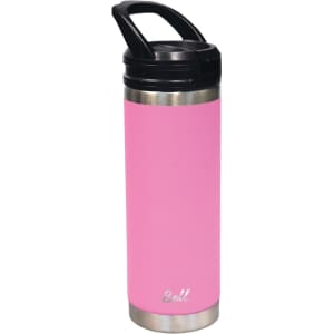 A drink bottle with a pink body and stainless steel base, featuring a sipper handle and a logo.