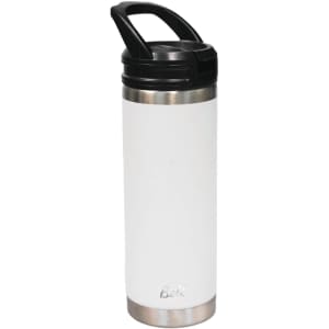 A drink bottle in white with a stainless steel base and a black sipper handle, featuring a logo.