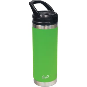 A green drink bottle with a stainless steel base and a black sipper handle, featuring a logo.