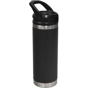A drink bottle with a black finish and a stainless steel base, featuring a sipper handle and a logo.