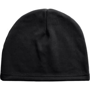 A black fleece beanie hat with a smooth finish and a folded hem, featuring a branding logo.