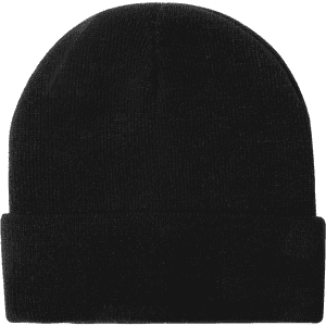 A black acrylic rollup beanie hat with a folded cuff and a plain design.