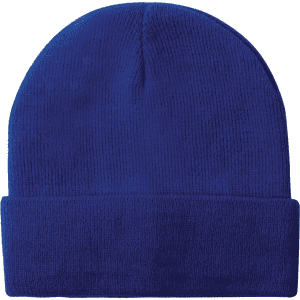 Acrylic rollup beanie hat in a vibrant royal blue, featuring a folded cuff and a branding logo.