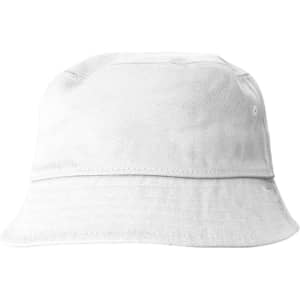 A white cotton bucket hat with a wide brim and a logo. Suitable for headwear collection.