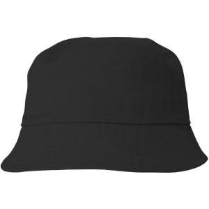 A black cotton bucket hat featuring a wide brim and a minimalist design. The hat has a logo on it.
