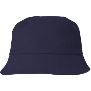 A navy cotton bucket hat with a wide brim and a subtle logo on the side.