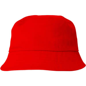 A red cotton bucket hat with a wide brim and minimal design, featuring a logo.