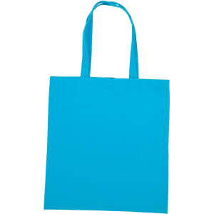 A bright blue cotton tote bag with two long handles and no visible logos or branding.