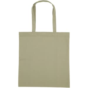 A light green cotton tote bag with two handles and no visible design or logo.