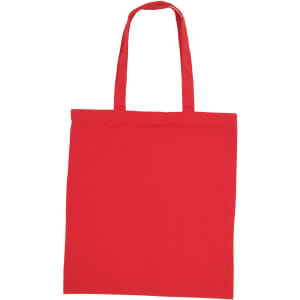 A red cotton tote bag with two handles and a plain design. It includes a branding logo.